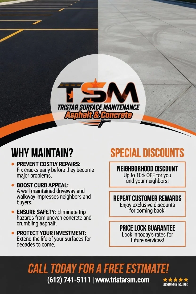Flyer for Tristar Surface Maintenance advertising asphalt and concrete surface maintenance services, with a background split between asphalt and concrete surfaces.