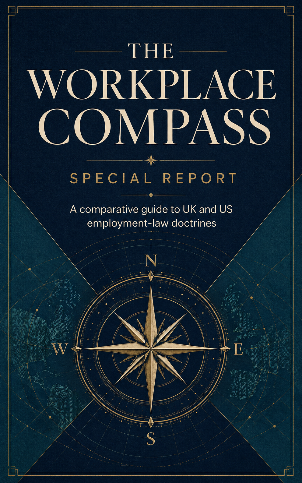 The Workplace Compass Special Report. The Image reflects the TWC Theme, Navy blue, teal, gold, and grey.