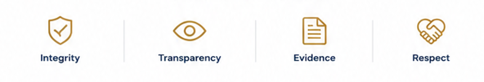 Icons with text labels: a shield with check mark for Integrity, an eye for Transparency, a document for Evidence, and handshake for Respect.