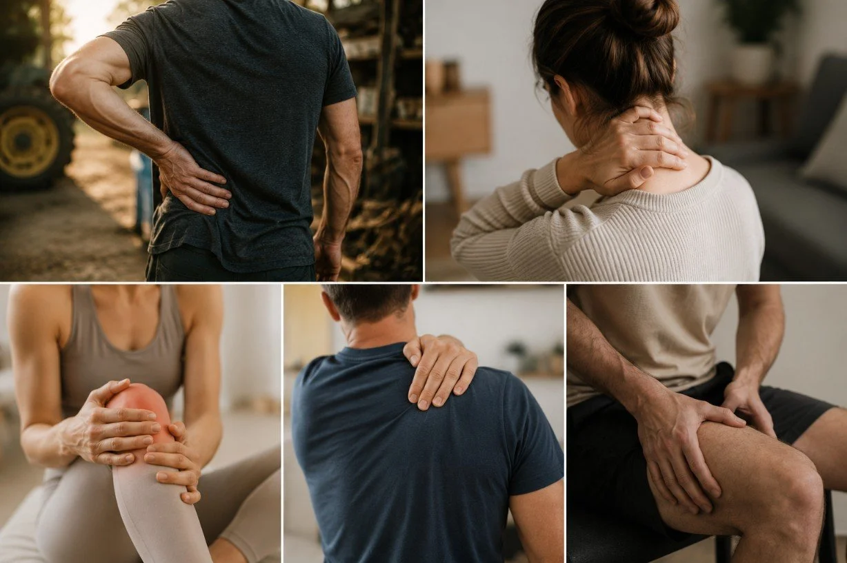 Problems like physical pain or discomfort, including back, neck, knee, and shoulder pain.