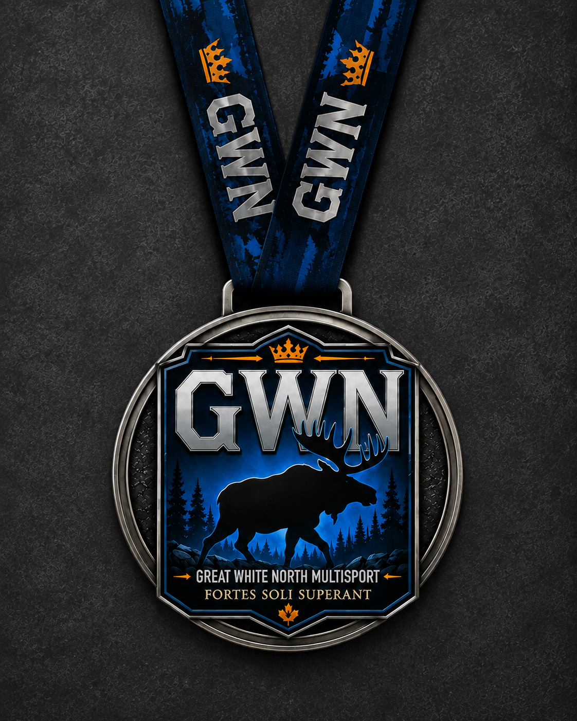 Medal hanging from a blue ribbon with the letters GWN and a crown emblem. The medal features a silhouette of a moose in a forest background, with text indicating a sports event.