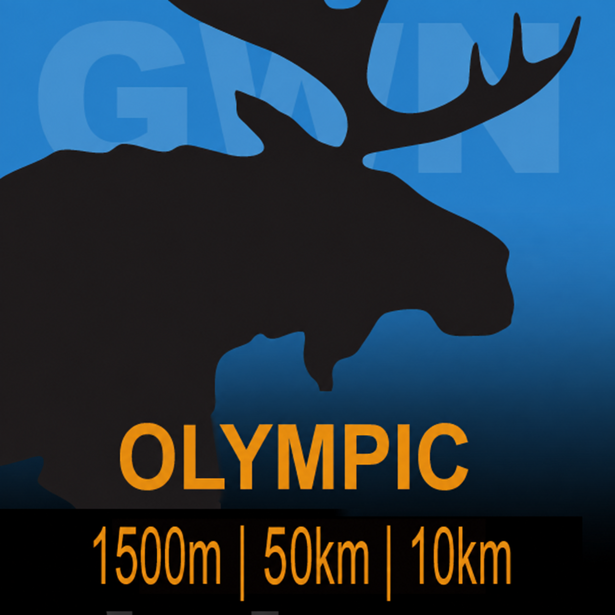 Silhouette of a moose with the word "Giant" in the background and the text "Olympic 1500m | 50km | 10km" in yellow at the bottom.