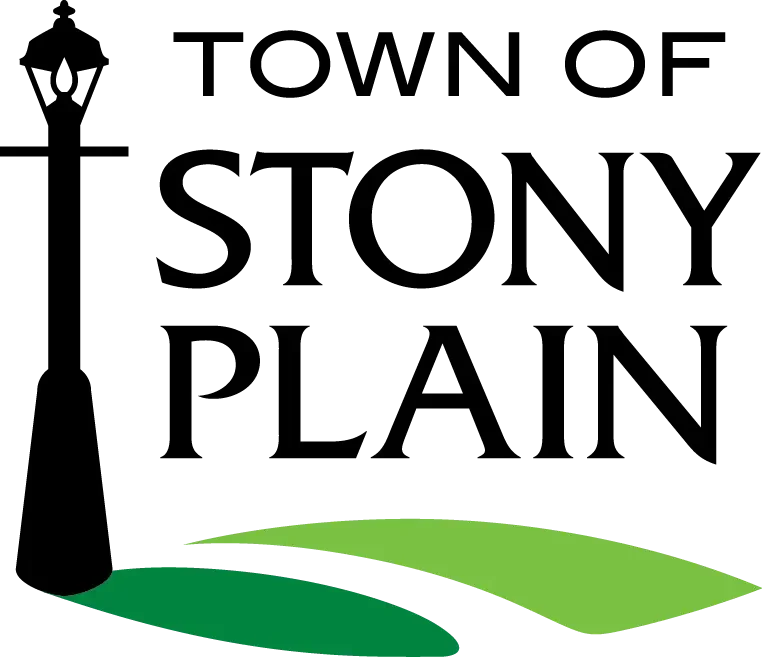 Logo for the Town of Stony Plain featuring a black lamp post, stylized green grass and a green hill.
