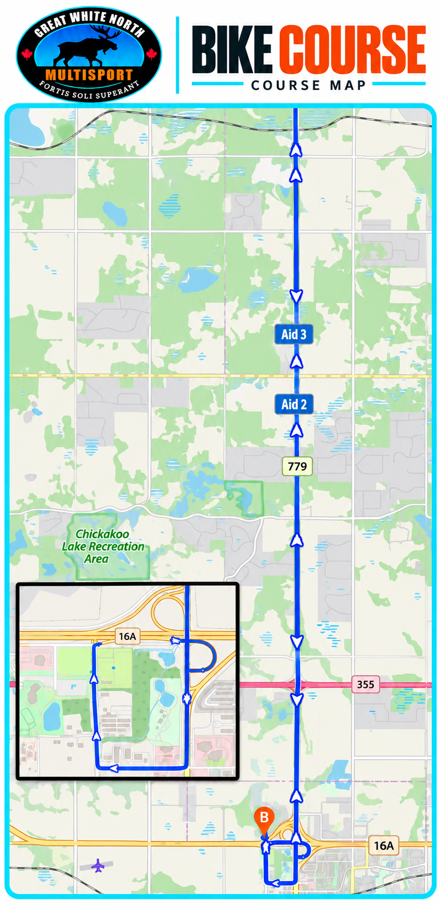 Bike course map showing the routes for a multisport event at Great White North. It includes a detailed bike course and a smaller inset map of the transition area near Chickakoo Lake Recreation Area.