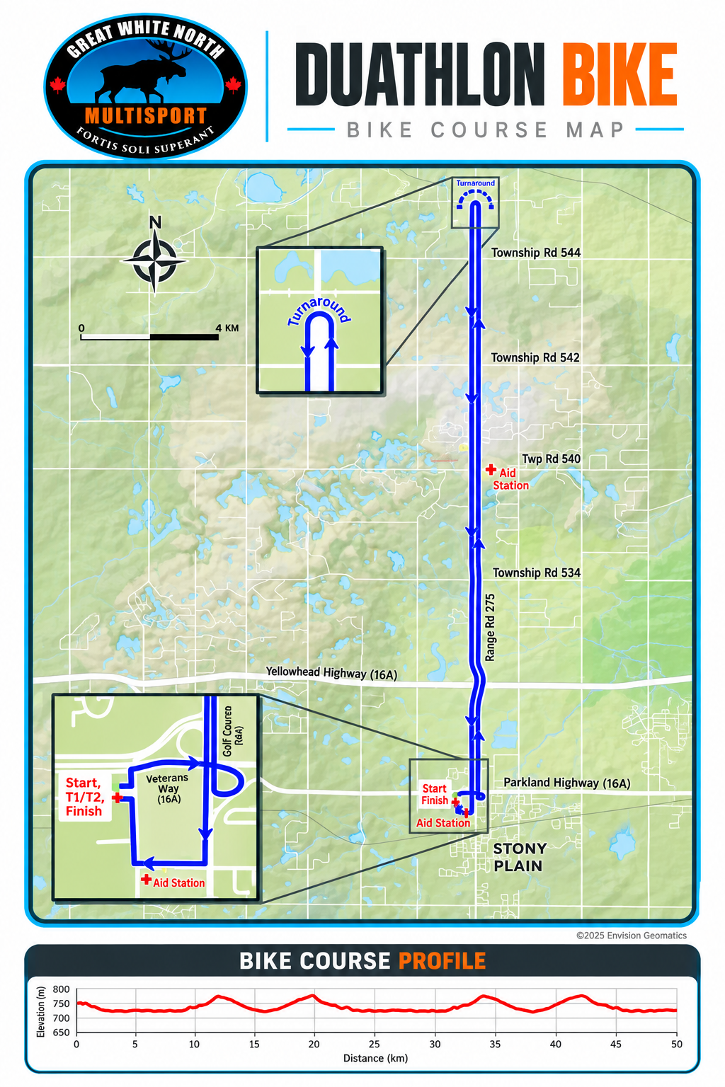 A map of a duathlon bike course showing the route starting at Stony Plain, passing through various township roads, including a turnaround point, with locations of start, finish, and aid stations marked, along with a profile of the elevation.