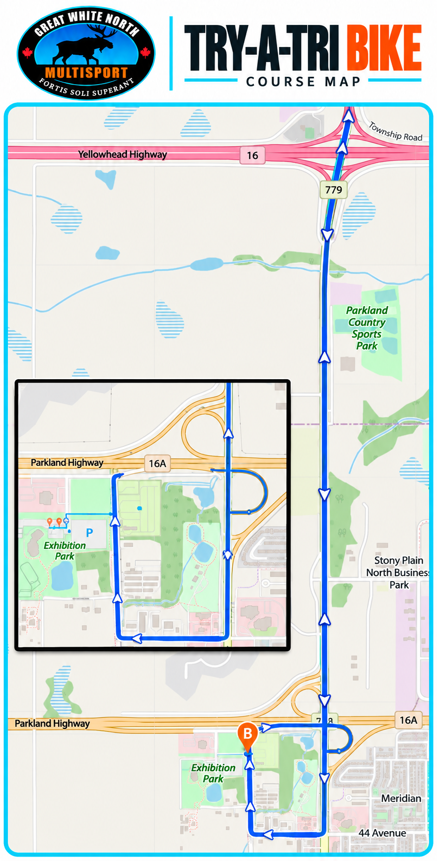 Map of the Try-A-Tri bike course at Great White North Multisport, showing a detailed route through Exhibition Park, Parkway Highway, and surrounding areas.