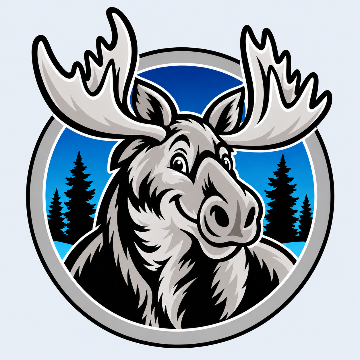Illustration of a moose with large antlers, smiling, with a background of pine trees and a blue sky.