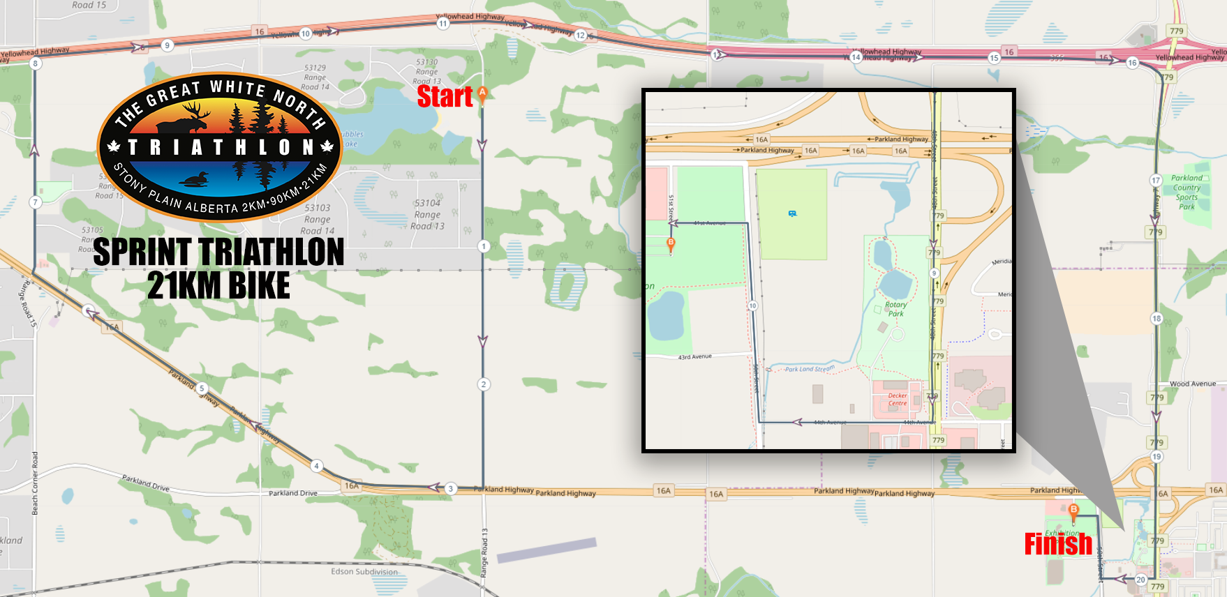 Map of the Sprint Triathlon 21KM Bike route in Stony Plain, Alberta, showing start point, route, and finish area.