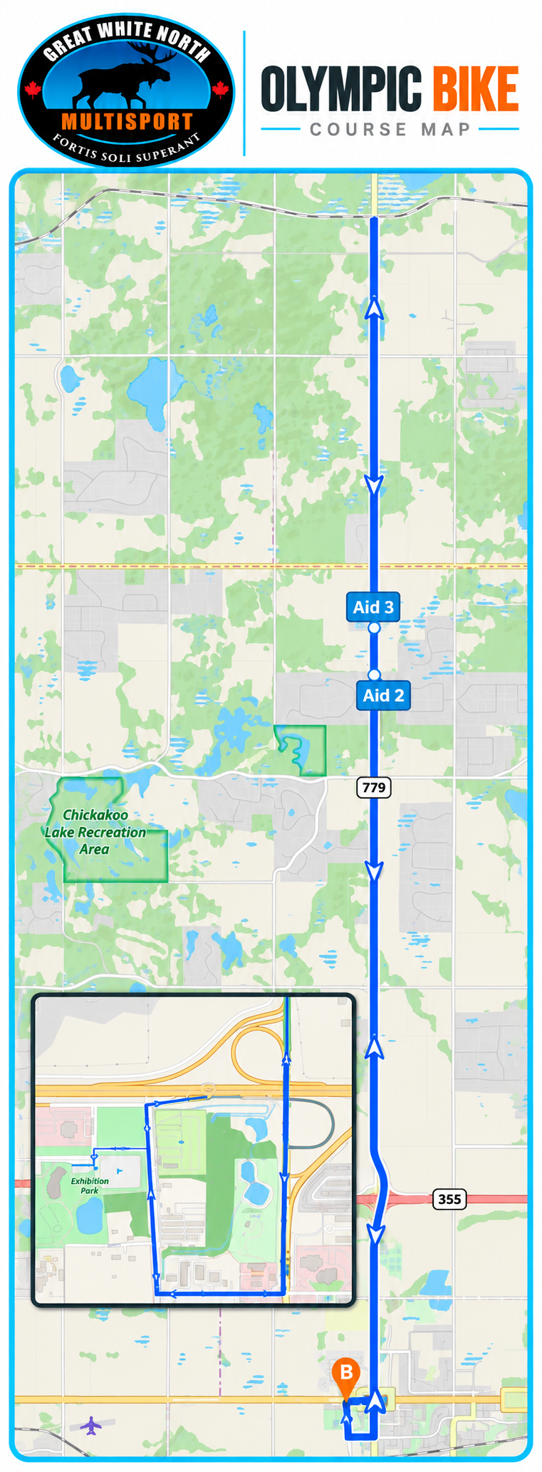 Map of a cycling route at Great White North Multisport featuring multiple aid stations and a detailed area near Chickakoo Lake Recreation Area with an inset of the route through Exhibition Park.