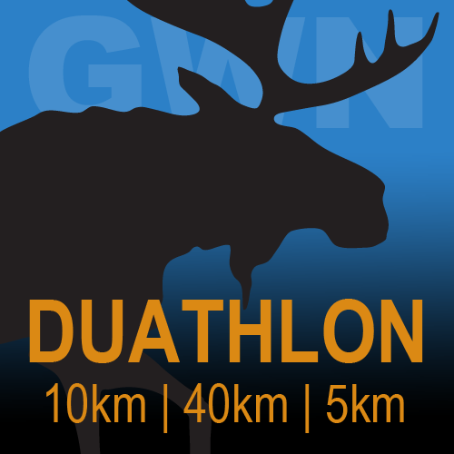 Black silhouette of a moose against a blue gradient background with the words "DUATHLON" in orange and the distances 10km, 40km, and 5km below.