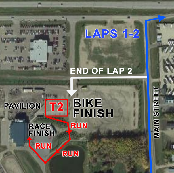 Aerial map of a racecourse showing lap routes, finish lines, and designated areas. Blue arrow indicates laps 1-2, white arrow marks end of lap 2, red lines show run routes to the race finish, and labels identify key locations like the pavilion and T2.