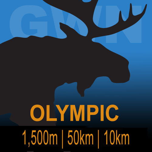 Silhouette of a moose with antlers against a blue gradient background, with the text 'OLYMPIC' and race distances of 1,500 meters, 50 kilometers, and 10 kilometers.