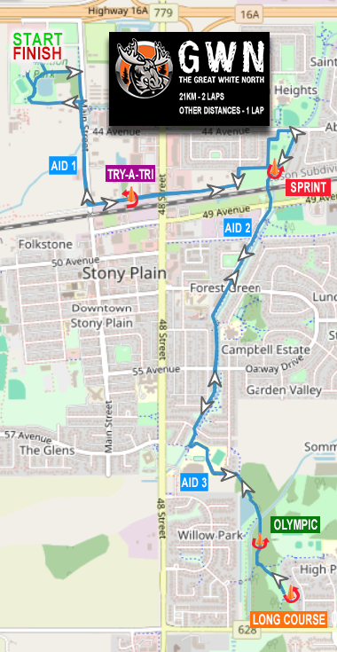 Map of a running trail with various labeled aid stations, start/finish point, and a GWN event advertisement at the top. The trail passes through neighborhoods and parks, with stations marked for 'AID 1', 'AID 2', 'AID 3', 'OLYMPIC', and 'LONG COURSE'. Key points include 'SPRINT', 'TRY-A-TRI', and color-coded labels for each aid station.