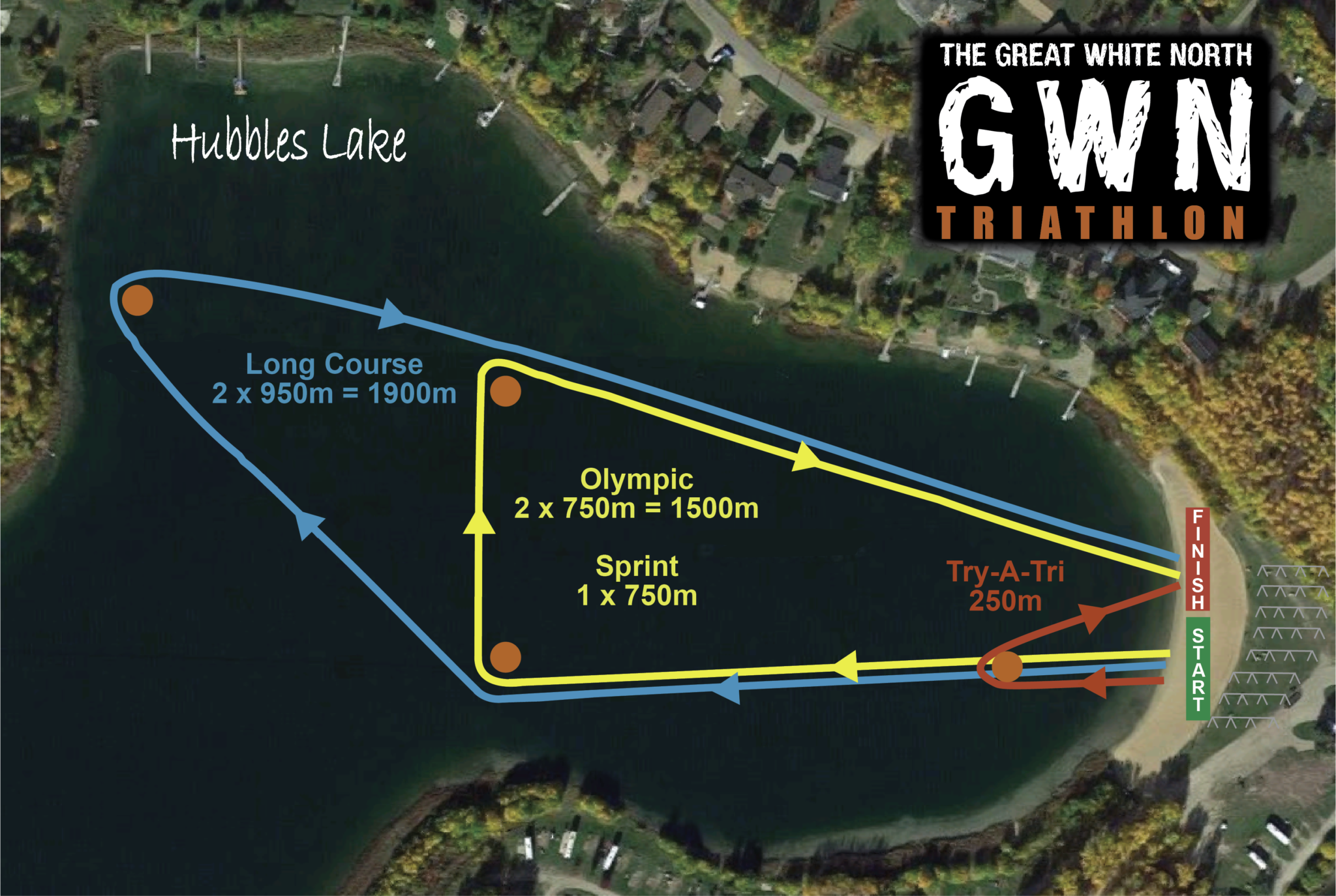 Aerial view of a triathlon course on Hubbles Lake with marked swim, bike, and run segments, and a finish line. The swim is 250 meters, the bike includes a long course 1,900 meters, Olympic 1,500 meters, and sprint 750 meters, with various colored arrows indicating the route.