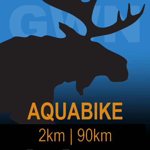 Silhouette of a moose with antlers against a blue gradient background, with text 'AQUABIKE' and distances '2 km | 90 km'.