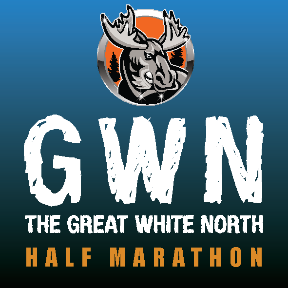 Logo for the Great White North Half Marathon featuring a moose head and trees.