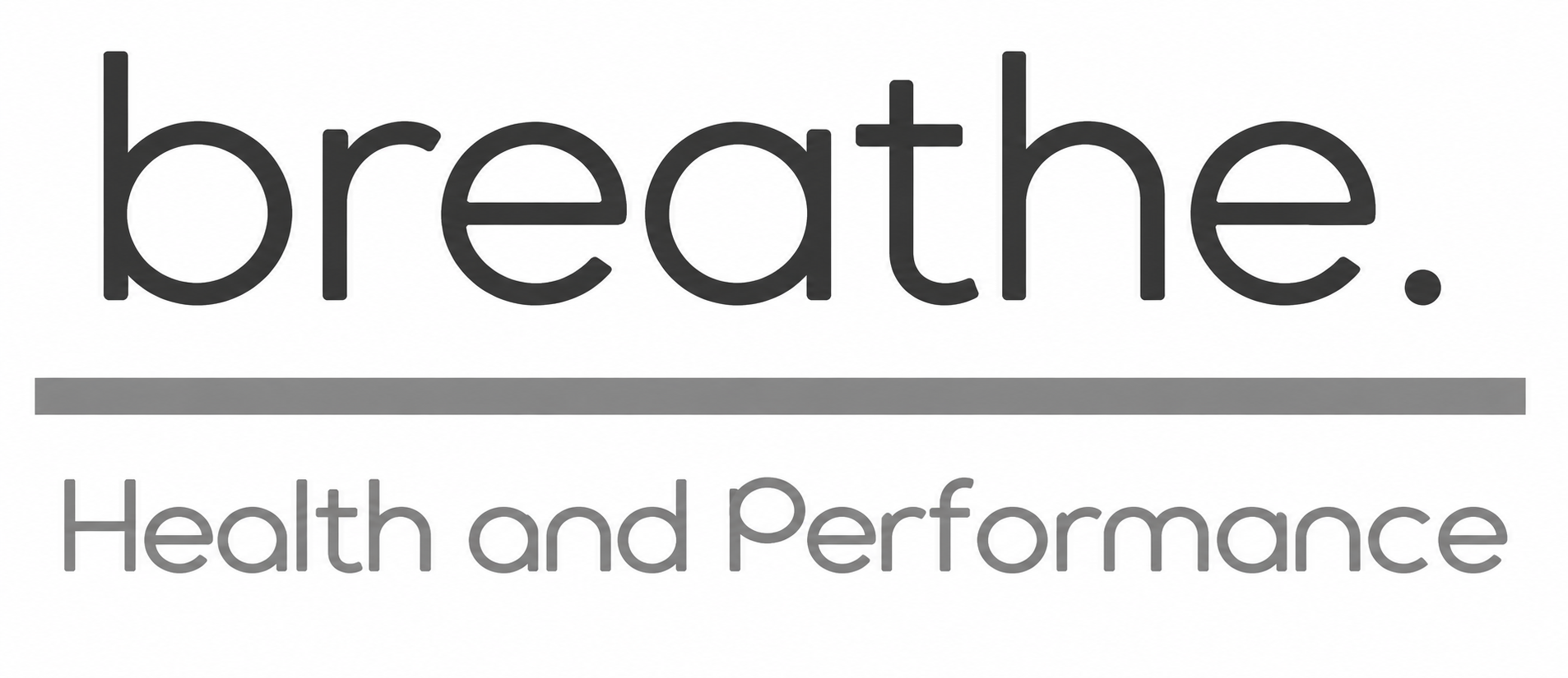 The image contains the words 'breathe.' in large font, with a gray horizontal line underneath. Below the line, it says 'Health and Performance' in smaller font.