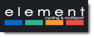 Logo for Element Cycling & Multisport with horizontal colored stripes in blue, green, orange, and red