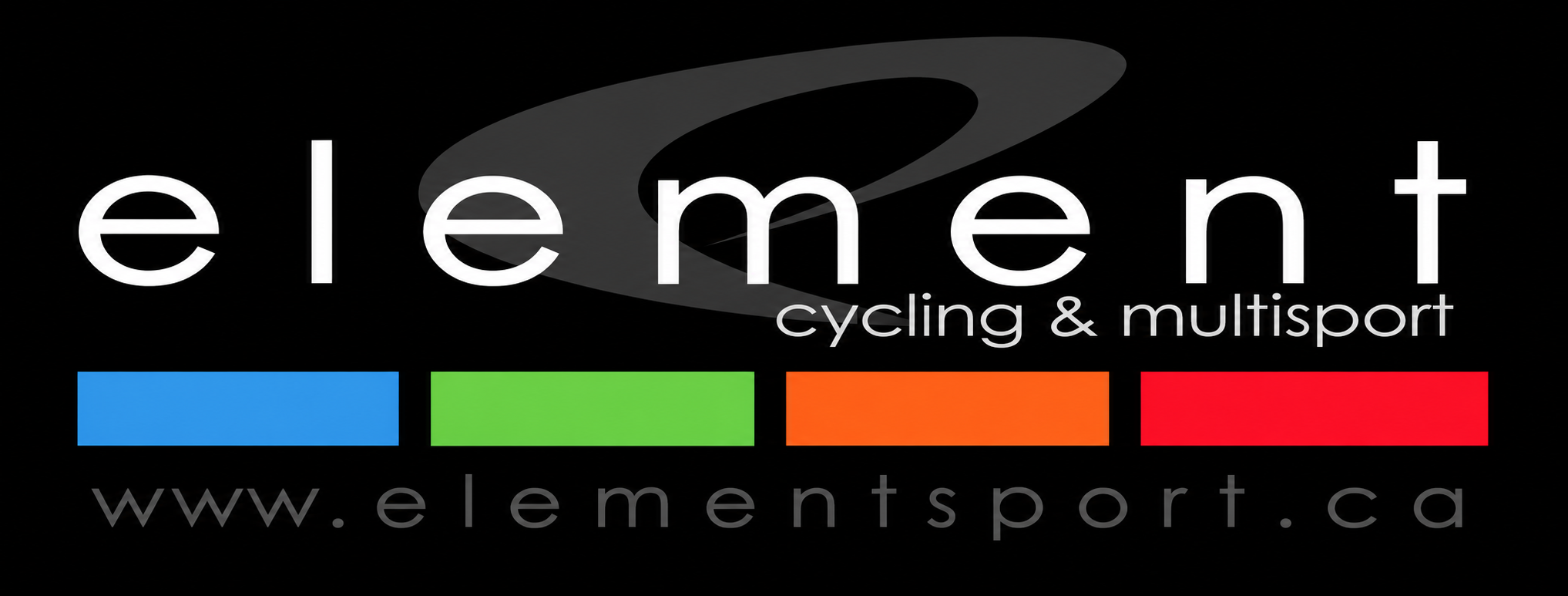 Logo for Element Cycling & Multisport featuring a black background, the word 'element' in white lowercase letters with a stylized gray swirl for the letter 'e', colored bars in blue, green, orange, and red below, and the website address www.elementsporc.ca at the bottom.