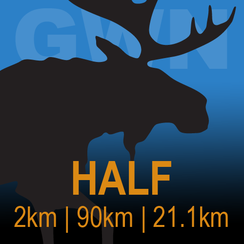 Silhouette of a moose with antlers against a blue gradient background, with text indicating distances of 2 km, 90 km, and 21.1 km, and the word 'HALF' in orange at the bottom.