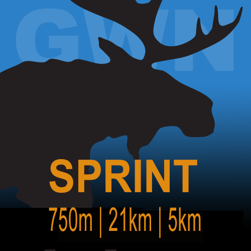 Silhouette of a moose with large antlers against a blue background, featuring event distances: 750 meters, 21 kilometers, and 5 kilometers, with the word 'SPRINT' in bold orange letters.