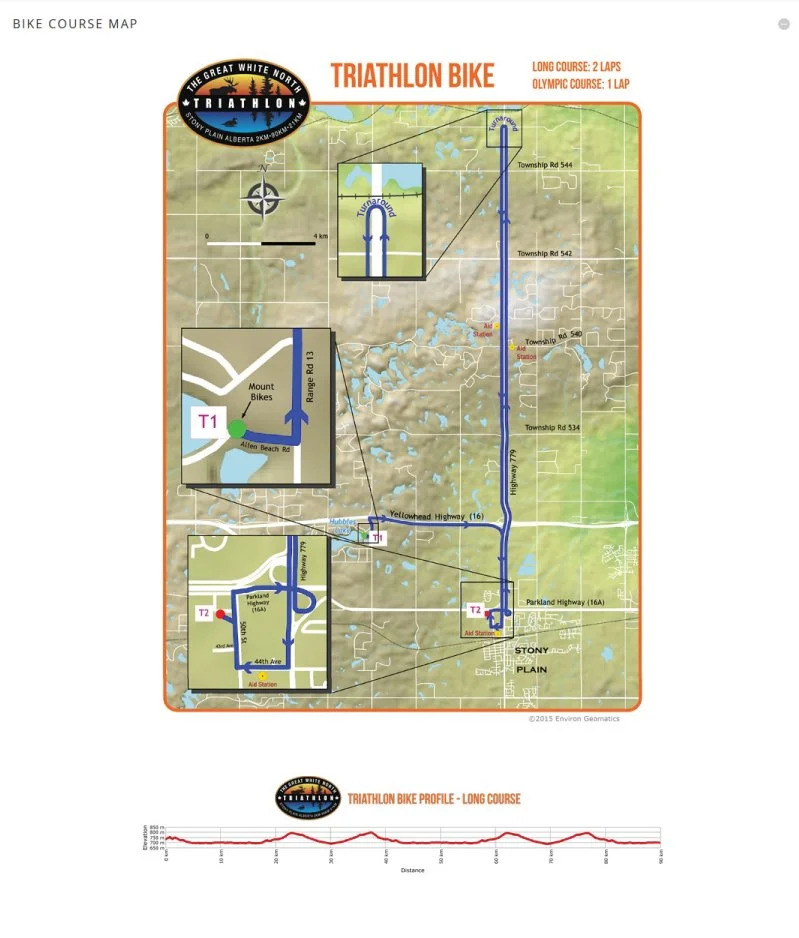 Map of a triathlon bike course in White North, Alberta, including a long course of 2 laps and an Olympic course of 1 lap, with route details, insets showing specific segments, and an elevation profile at the bottom.