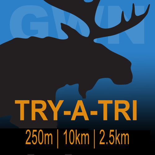 Silhouette of a moose's head with antlers against a blue background, with the text 'TRY-A-TRI' and distances 250m, 10km, and 2.5km.
