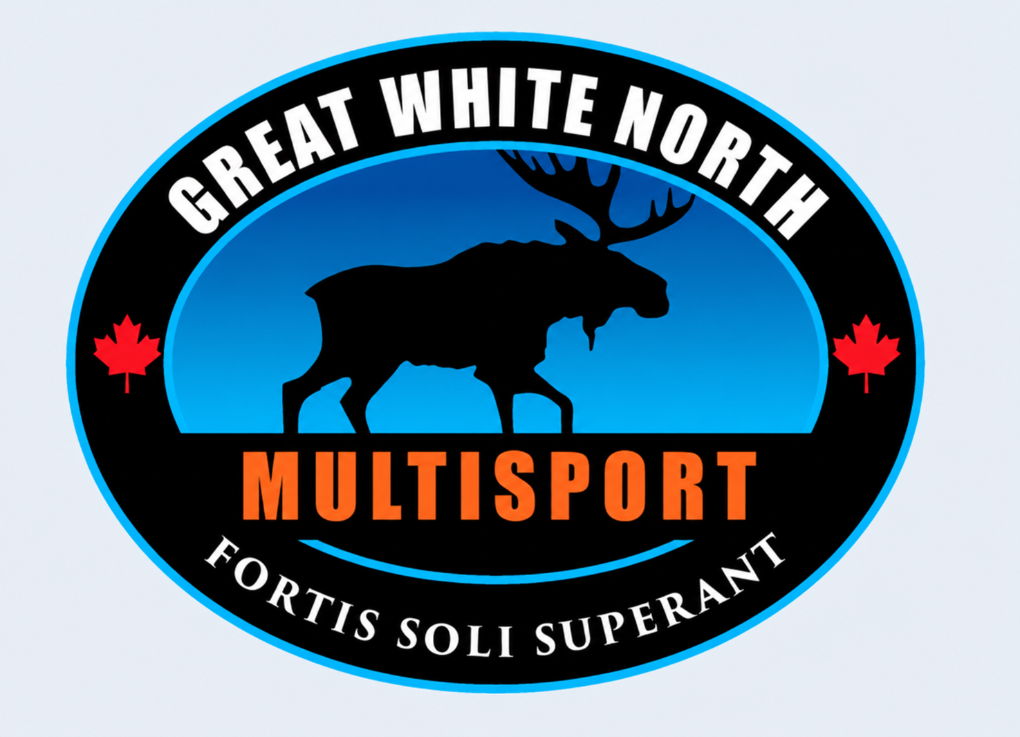 A circular emblem with a black border and blue outline, featuring a silhouette of a moose, two red maple leaves, and the words "Great White North," "Multisport," and "Fortis Soli Superant."