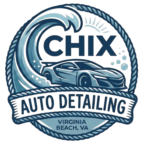 Logo for CHX Auto Detailing featuring a car, wave, and tools, with text 'Virginia Beach, VA'.