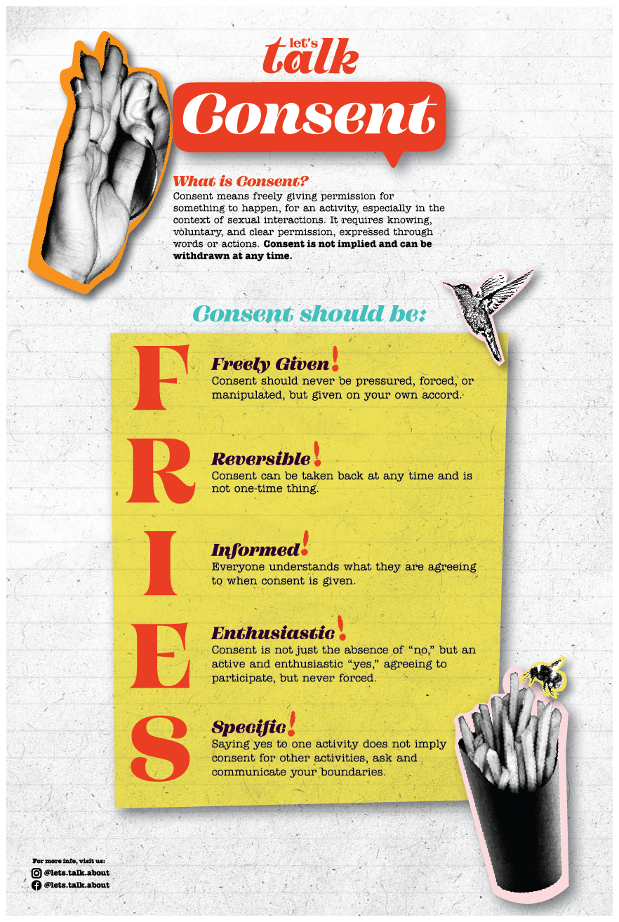 Let's Talk Consent - Consent is a the most important thing when it comes to teaching about sexual health. FRIES is a "common" phrase used to remind others of what consent looks like.
