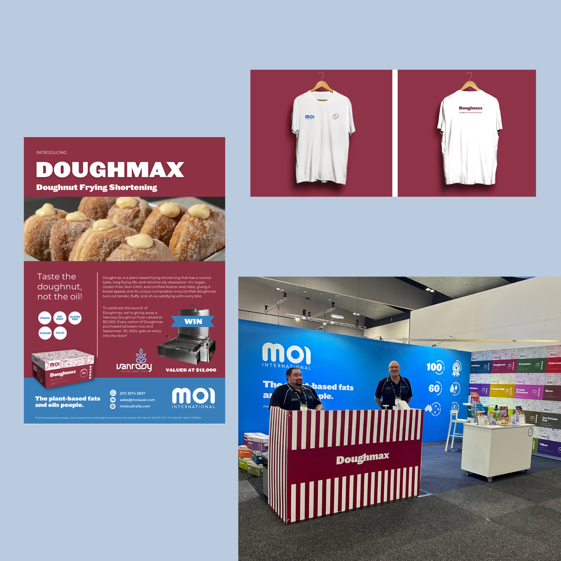 An exhibition booth promoting Doughmax plant-based frying shortening with two smiling men standing behind a red and white striped table, with various products on display.