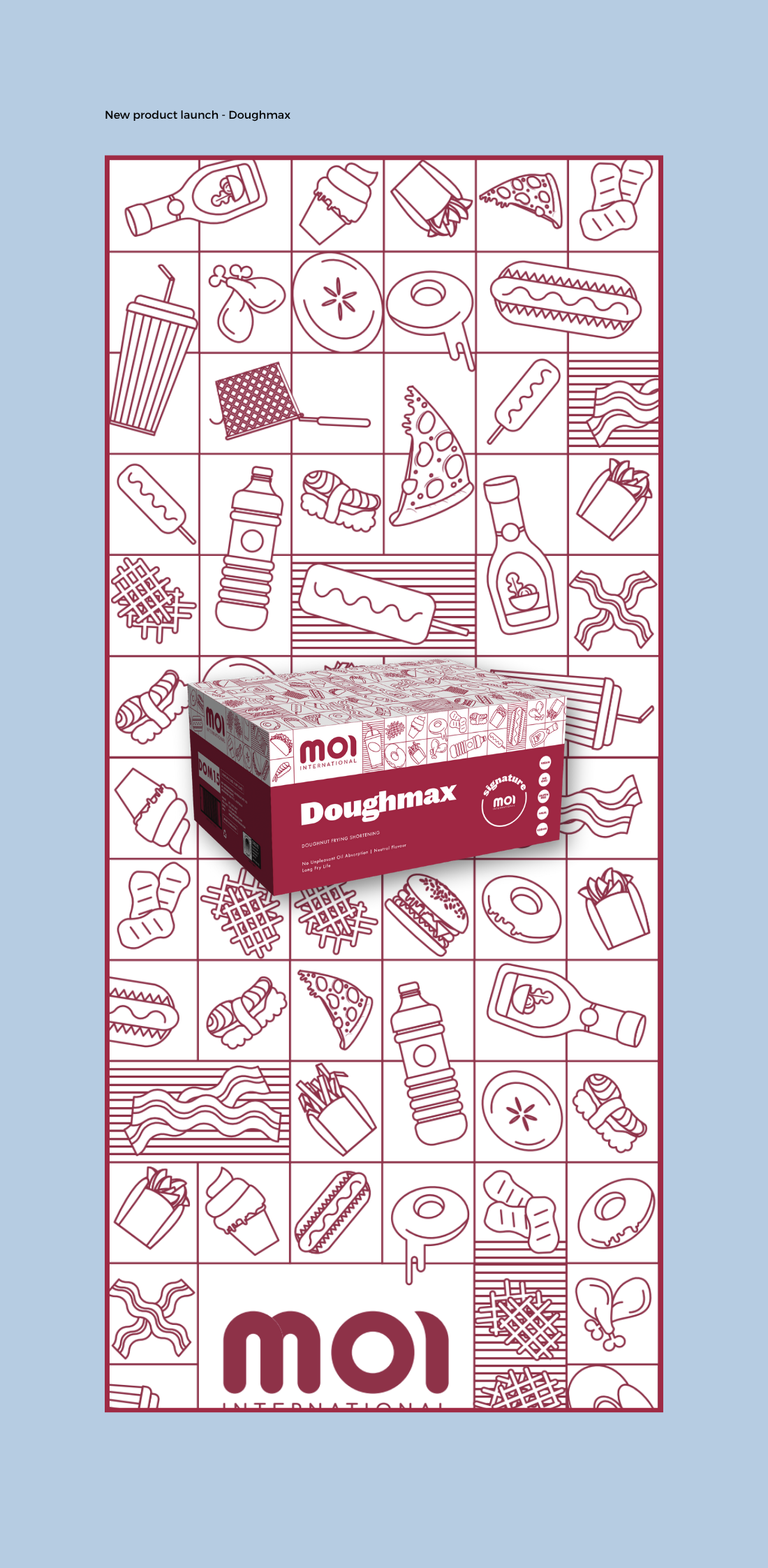 Packaging box of Moi Doughmax doughnut frying shortening with various food and hot dog illustrations on a patterned background, and text indicating product details. The packaging was designed by Mayd. 
