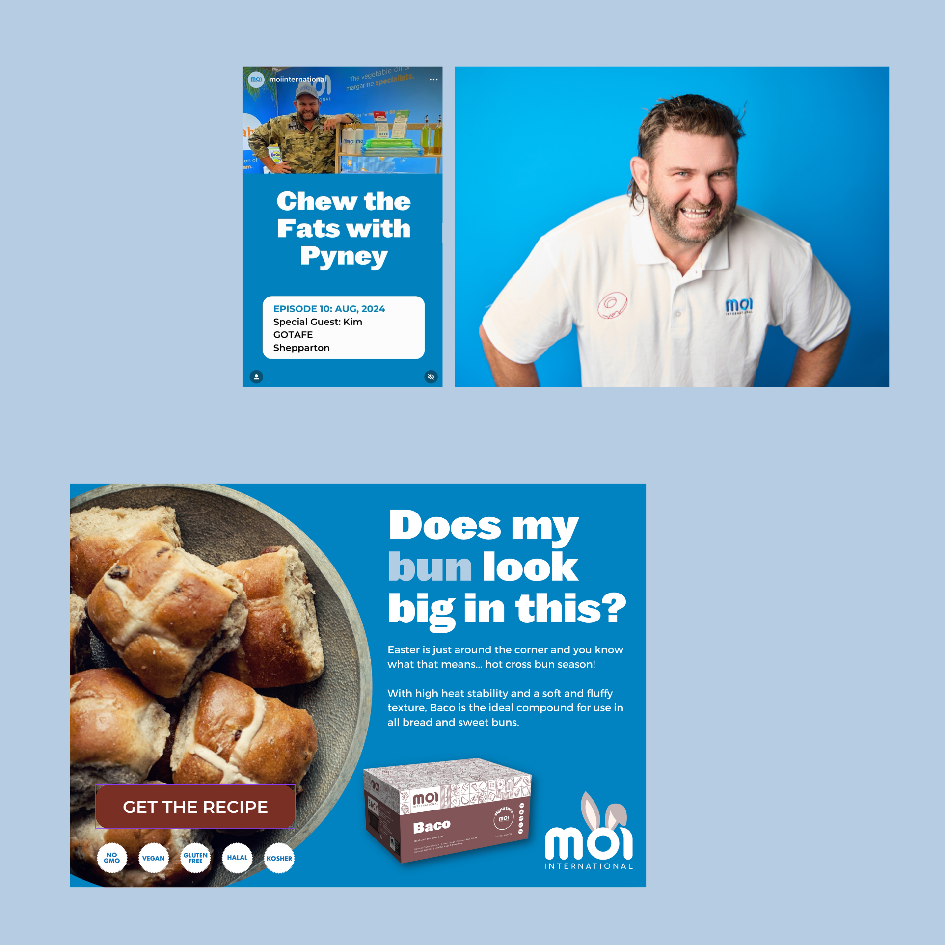 Promotional flyer from Moi International features a smiling man in a white polo shirt with Moi logo on the chest, standing against a blue background. To the left, there is a partial view of baking bread on a round tray and text about making bread and
