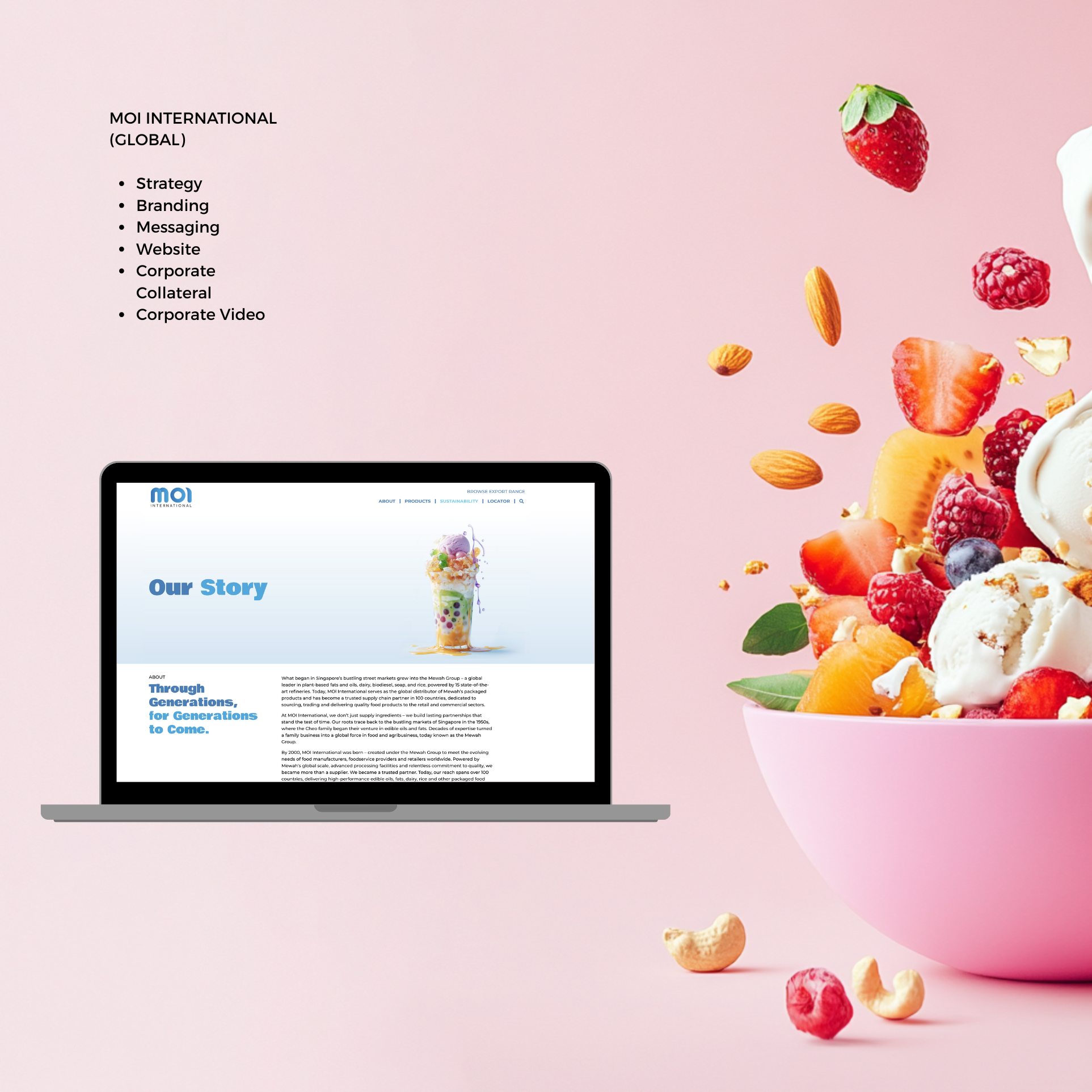A pink background with scattered floating fruit pieces including strawberries, raspberries, and slices of kiwi, almond, and peach, along with a dollop of white cream on the right side.