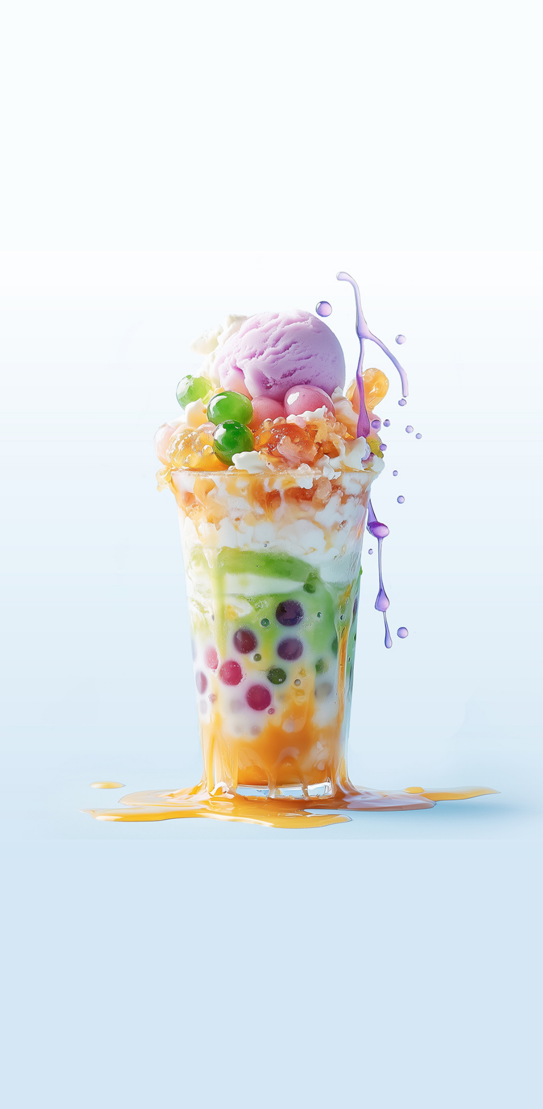 A colorful bubble tea with a scoop of purple ice cream, tapioca pearls, and various fruit toppings, with pouring caramel and purple syrup.