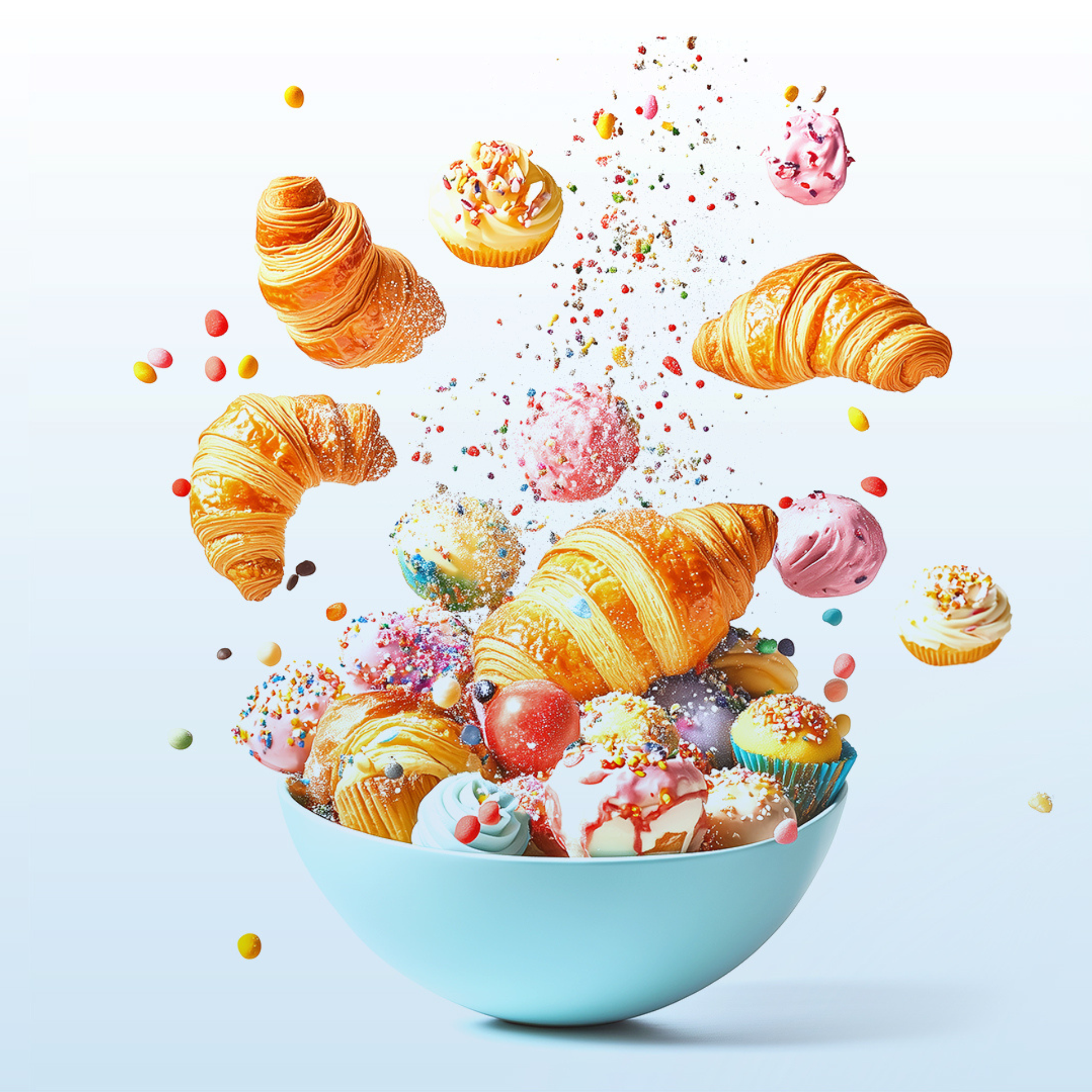 A large bowl filled with colorful cupcakes, sprinkles, candies, and icing, with some cupcakes appearing to float or explode upward in a dynamic display.