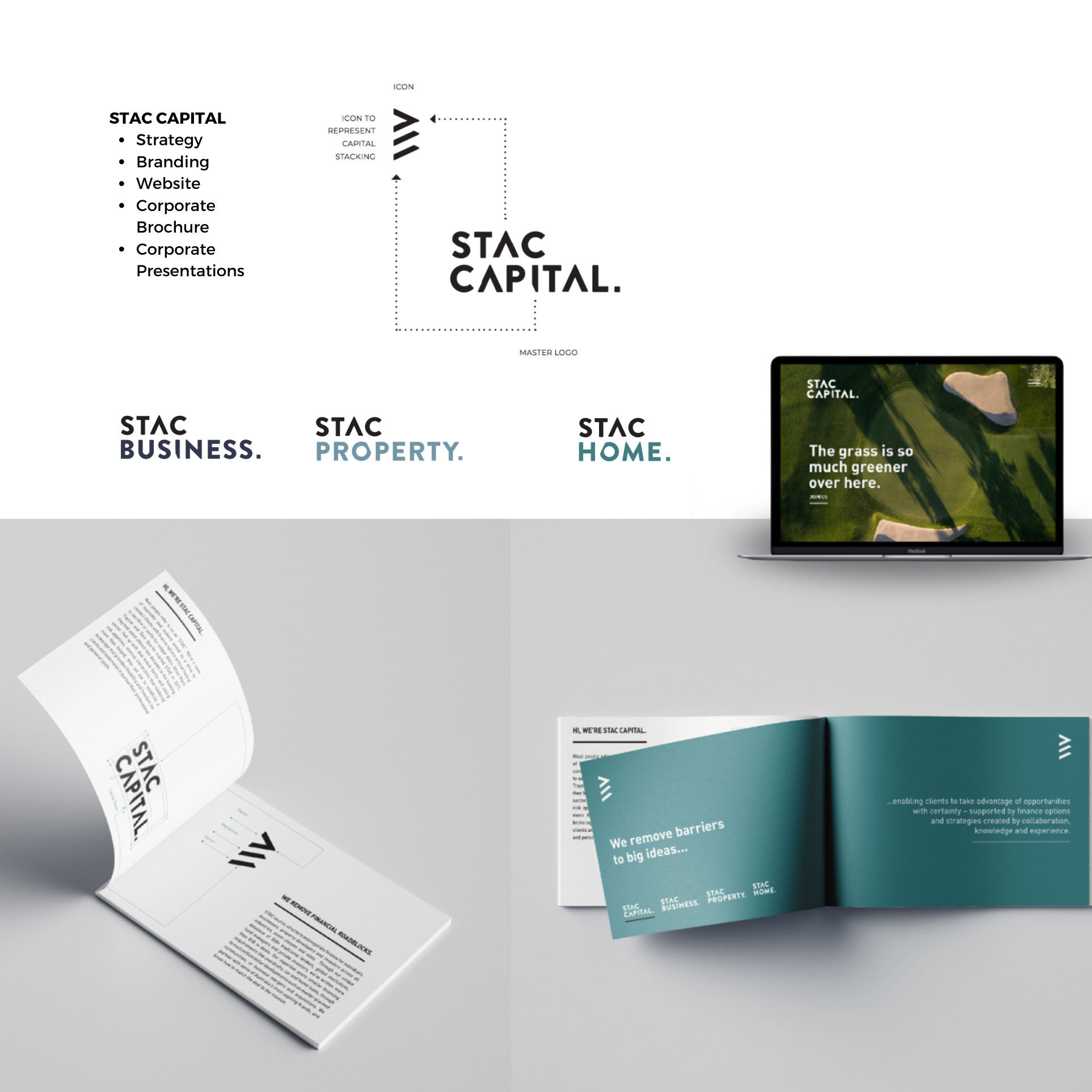 Various printed marketing materials, brochures, and a laptop on a grey surface, displaying promotional content for STAC Capital and related services.