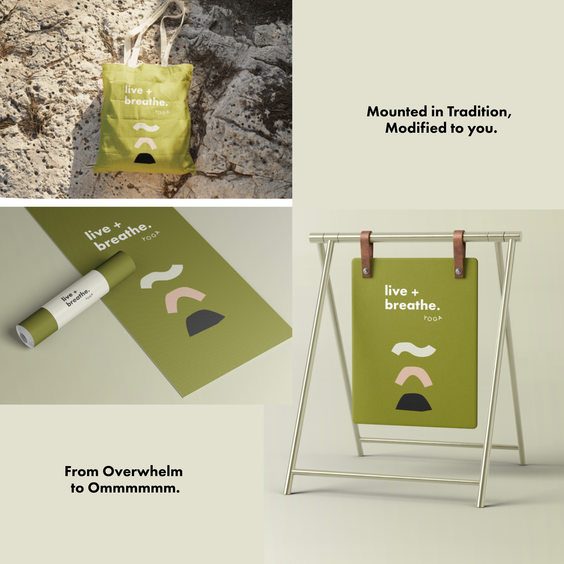 A yellow tote bag with the words "live + breathe." and "YOGA" printed on it, resting on a rocky outdoor surface. The bag has white handles. The right side of the image contains a beige background with black text reading "Mounted in Tradition, Modifie