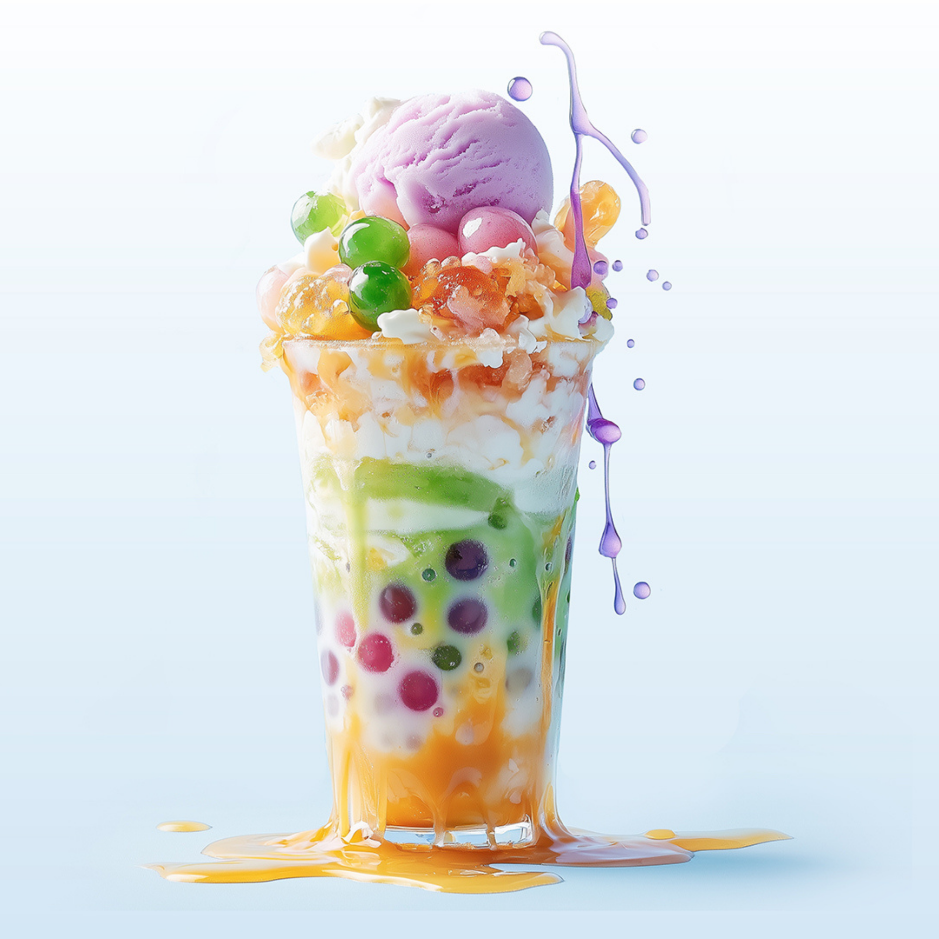 Cream soda float with colorful boba and ice cream spilling over a glass container on a light background