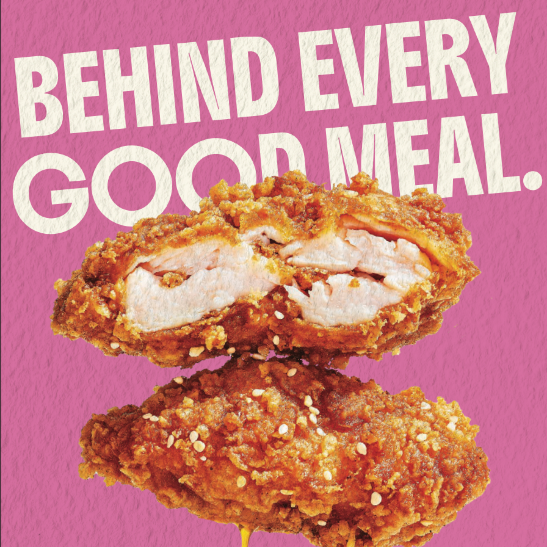 Close-up image of a fried chicken drumstick with a crispy, breaded coating, set against a pink background with white text.