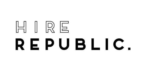 Text that reads 'HIRE REPUBLIC' with 'HIRE' in outlined font and 'REPUBLIC' in bold font.