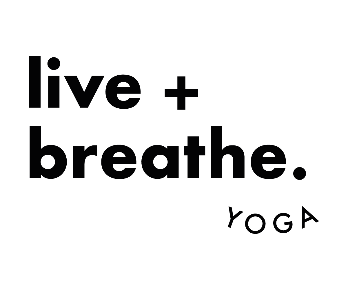 Inspirational quote saying "live + breathe. yoga" in black text on a white background.