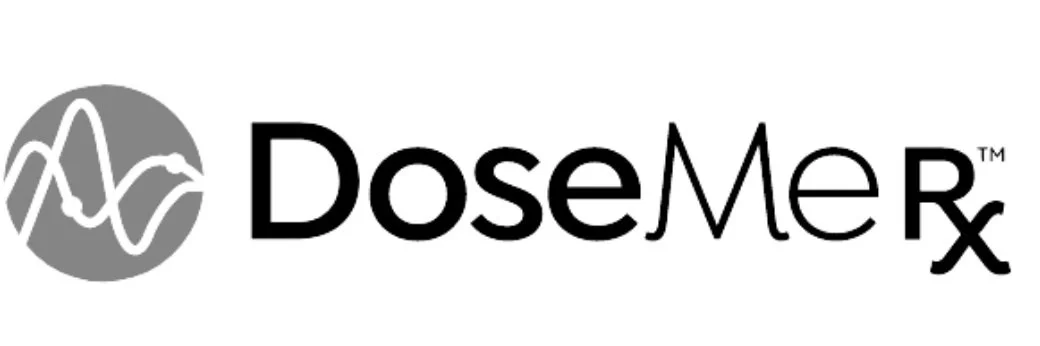 Logo for DoseMeRx, featuring a stylized wave or graph symbol in gray and black text.