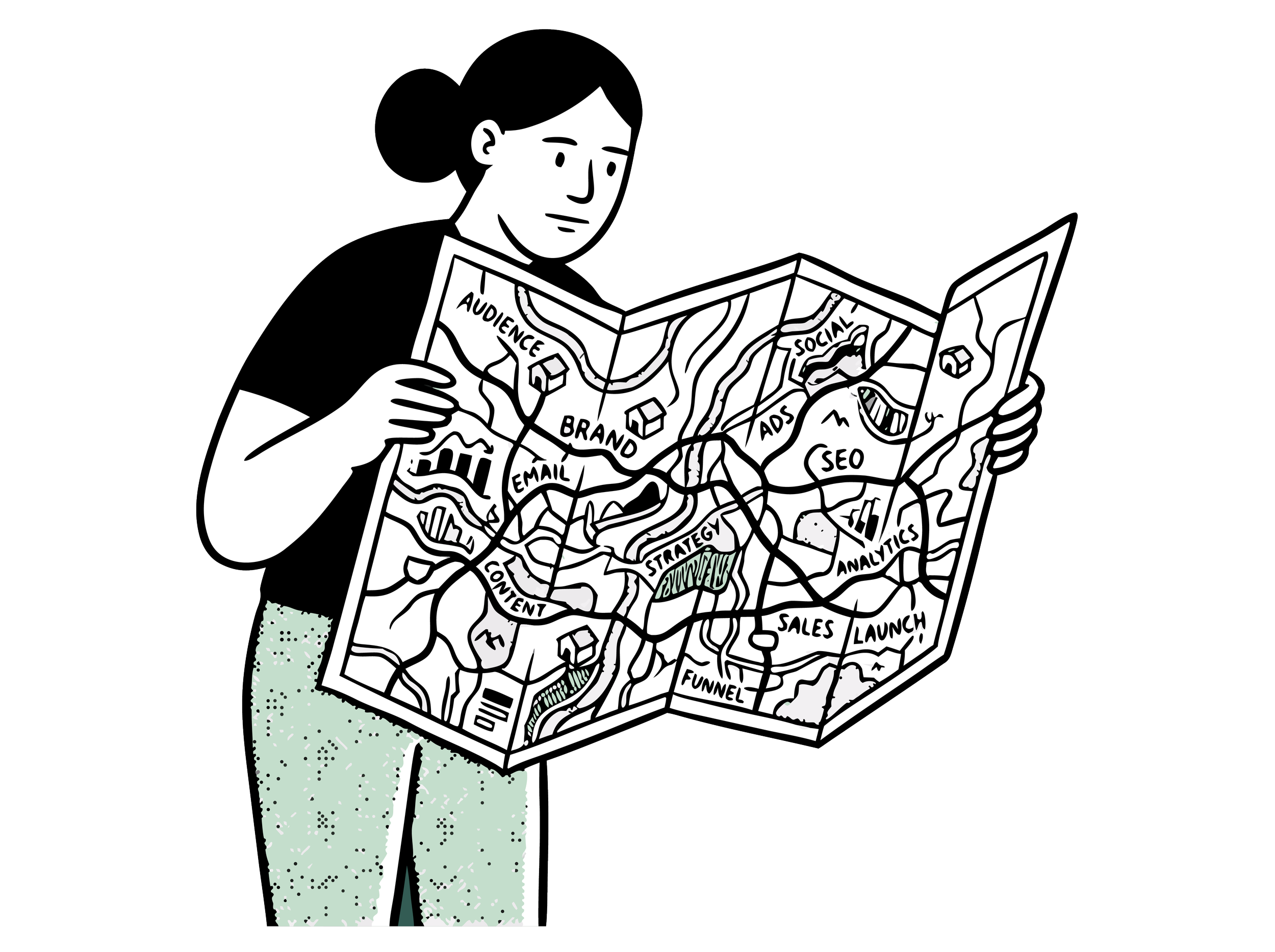 A woman with black hair in a ponytail, wearing a black top and light green pants, looks at a detailed map with labeled sections such as Audience, Brand, Social, Ads, SEO, Strategy, Analytics, Content, Email, Sales, and Funnel.