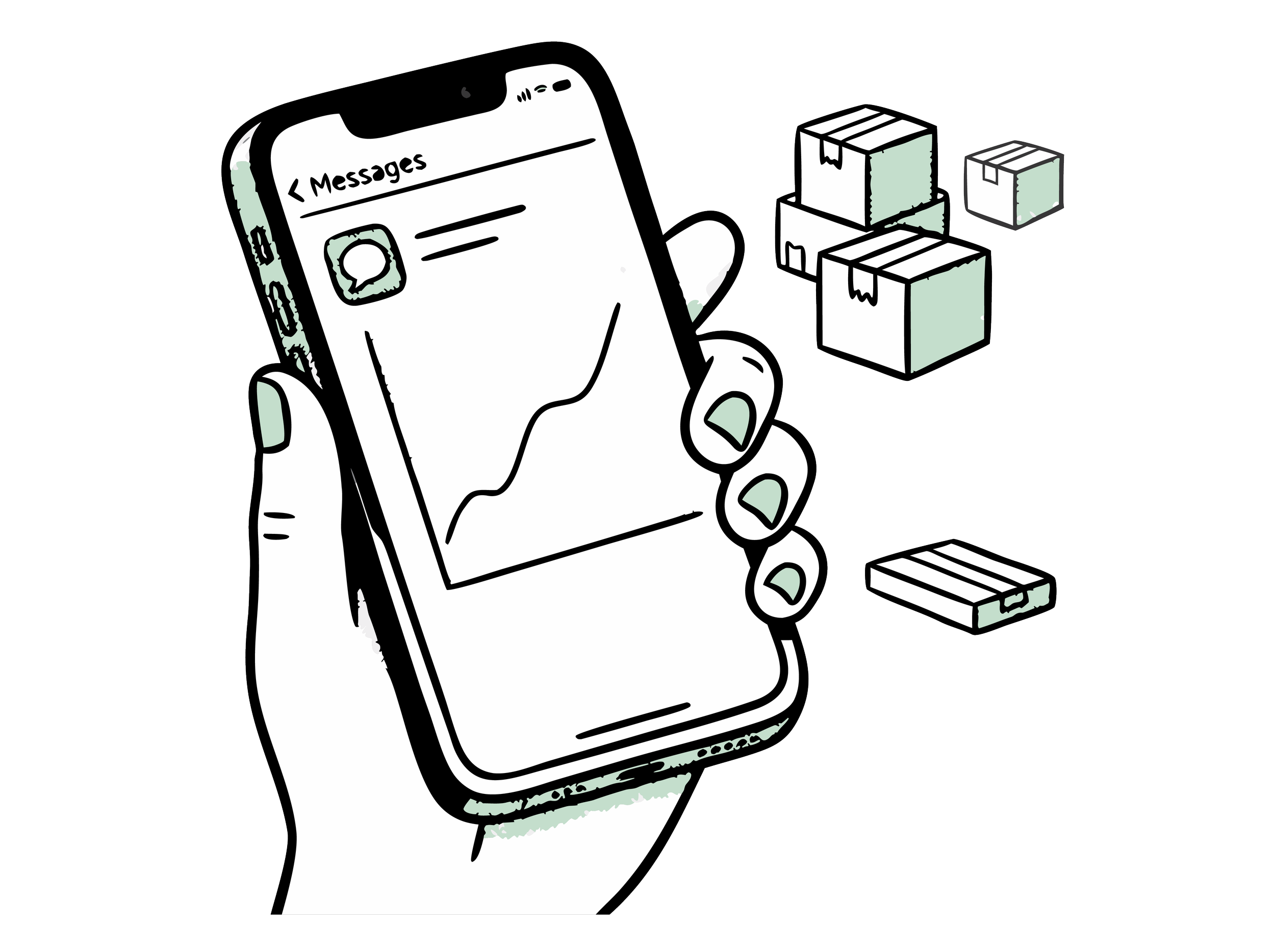 A hand holding a smartphone with a messaging app open, next to three stacked cardboard boxes.