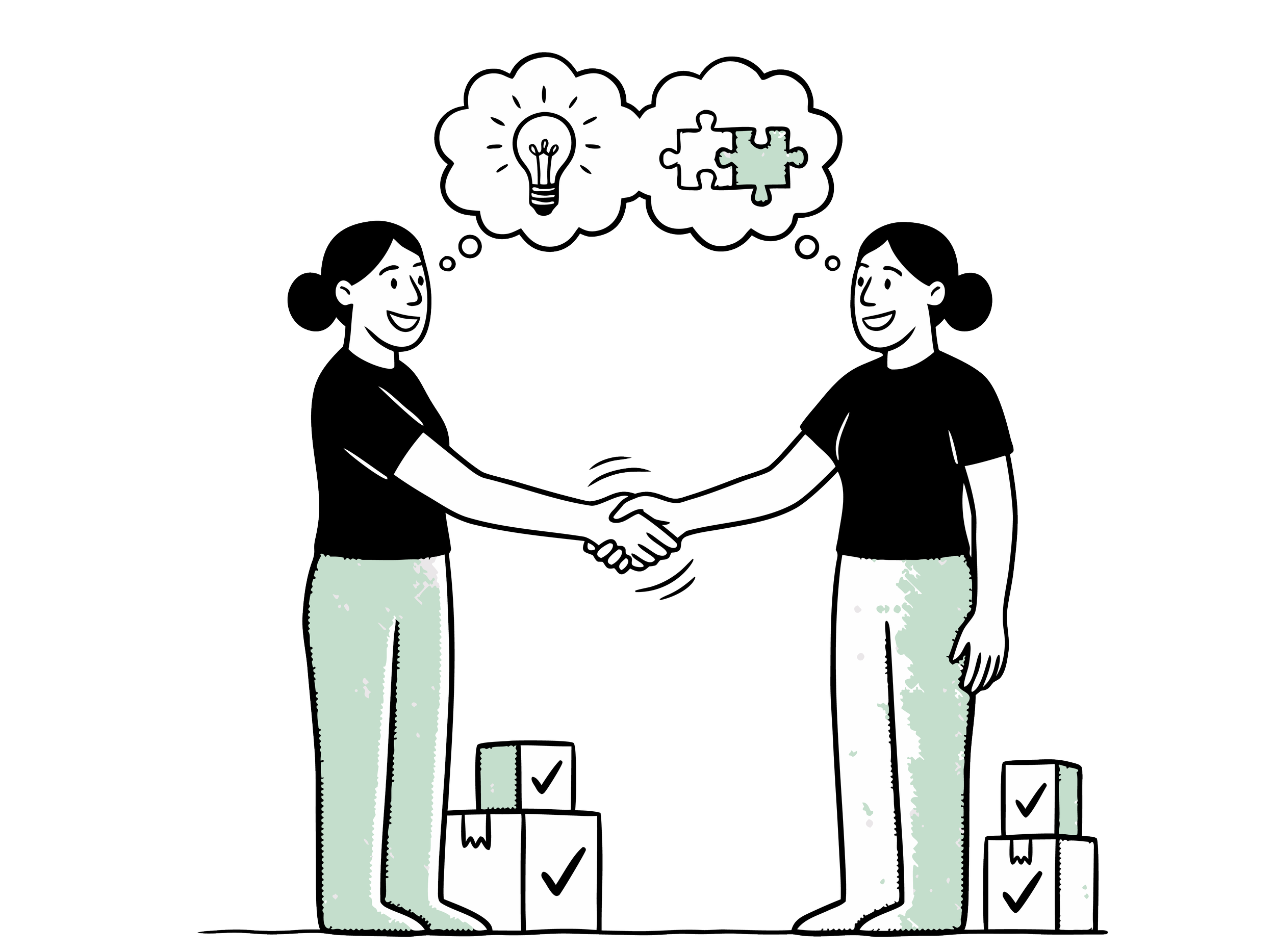 Two women shaking hands with thought bubbles above their heads, one contains a light bulb symbolizing an idea, and the other has puzzle pieces fitting together.
