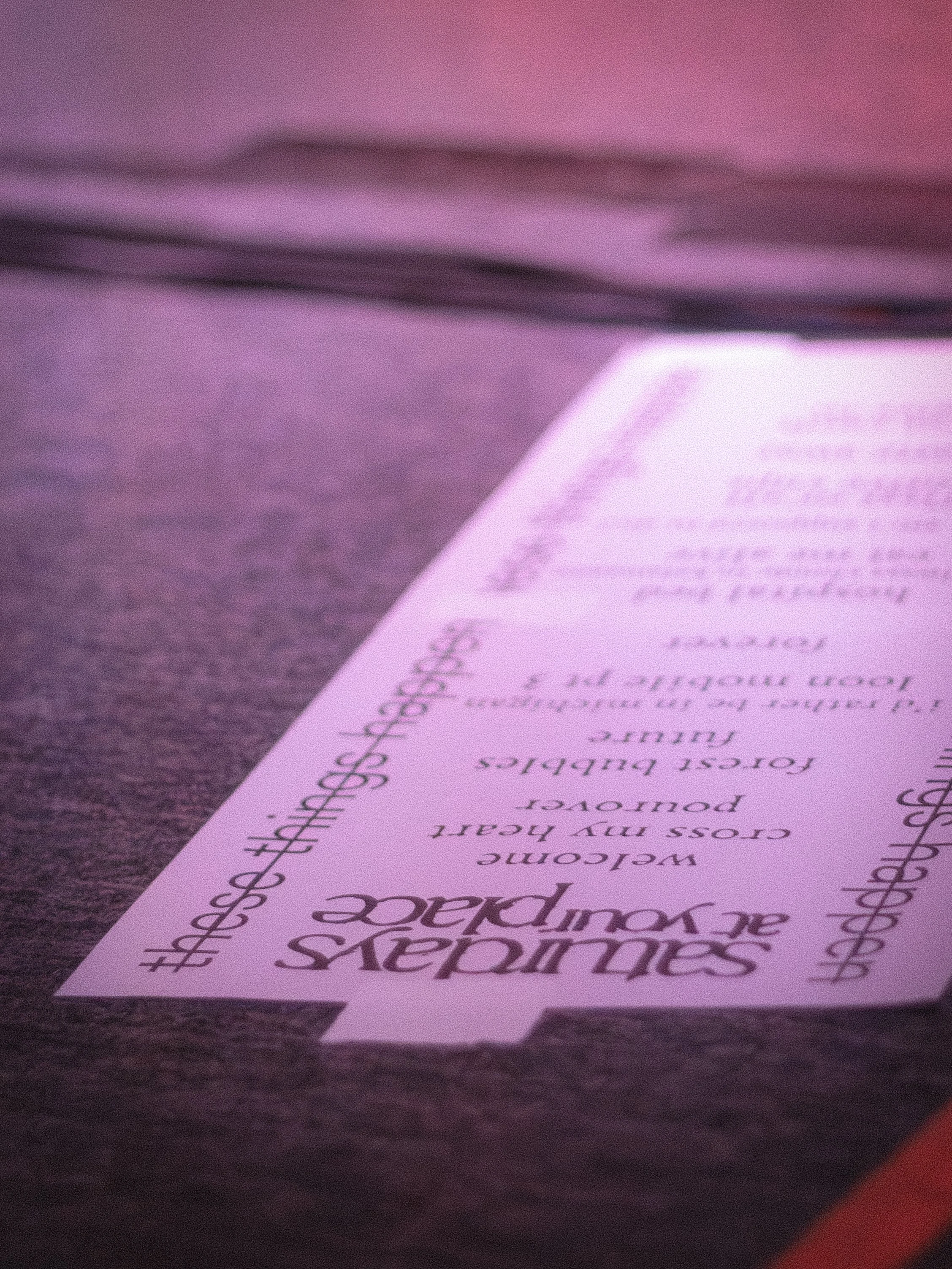 Close-up of a concert setlist for "Saturdays at your Place" live at Rose Music Hall in Columbia, MO