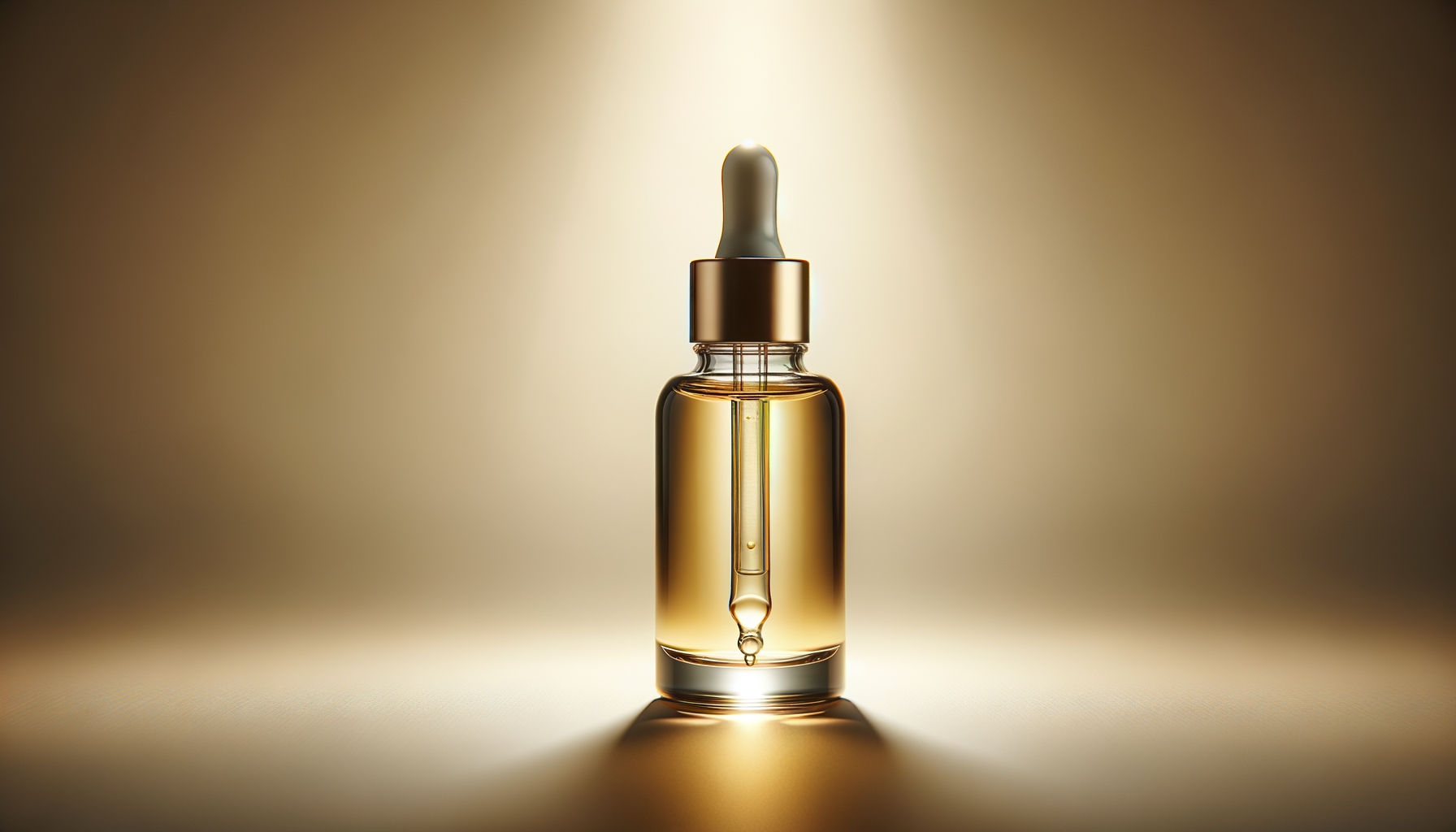 A glass dropper bottle with a drop of serum inside, illuminated with warm backlighting, reflecting light and creating a golden glow.