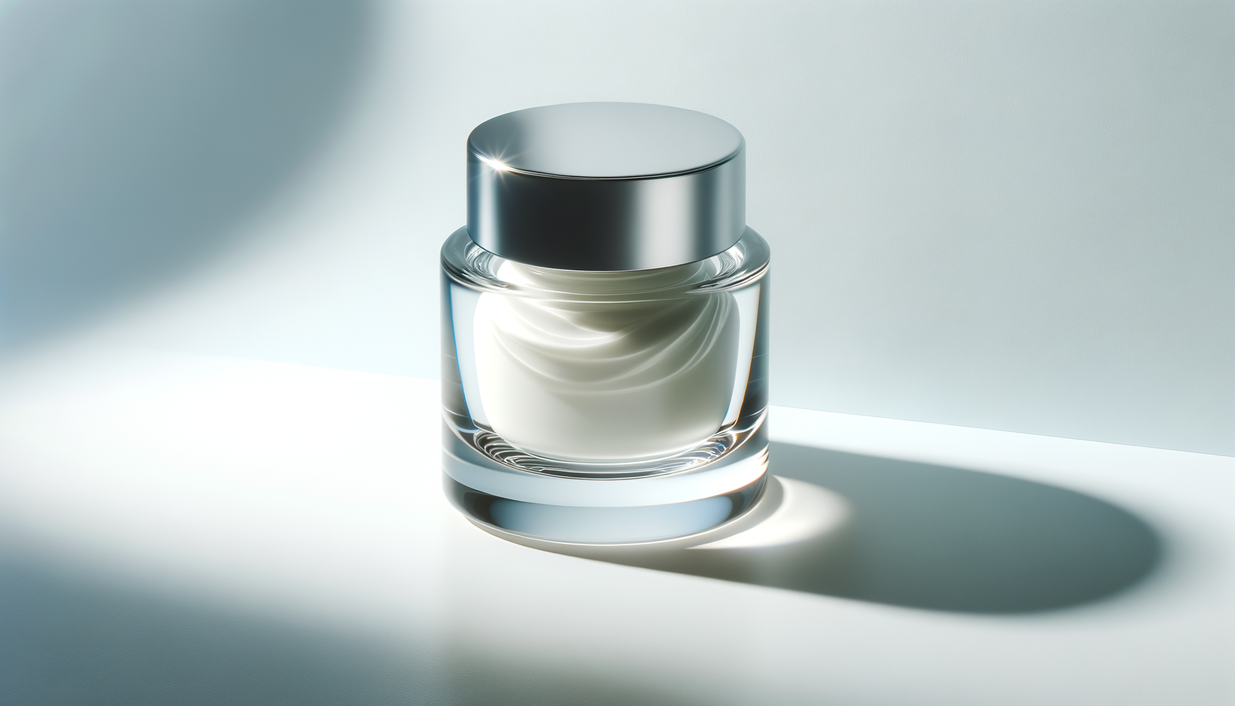 A clear glass jar with a metallic lid containing a white cream or lotion. The jar is placed on a white surface with soft lighting and shadows.