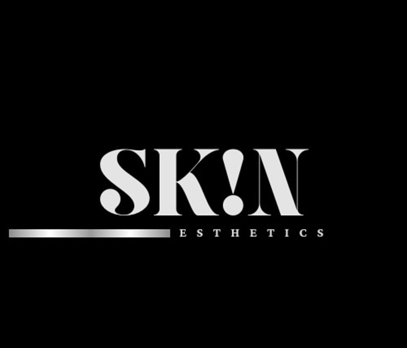 Black background with silver horizontal line and white text reading 'SKIN ESTHETICS' with a large stylized 'SK!N' logo above.